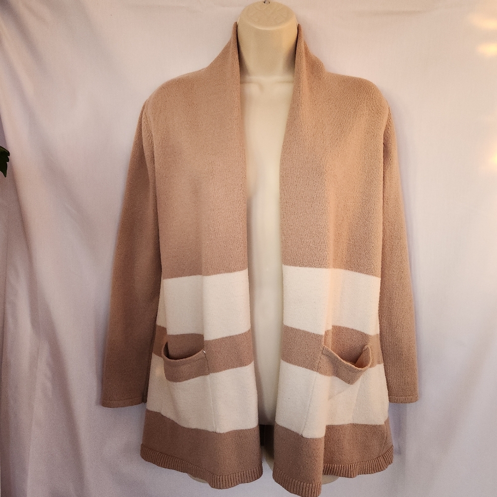 Poof Luxe Neutral Colorblock Knit Cardigan | Soft Stretch Open Front |Costal M